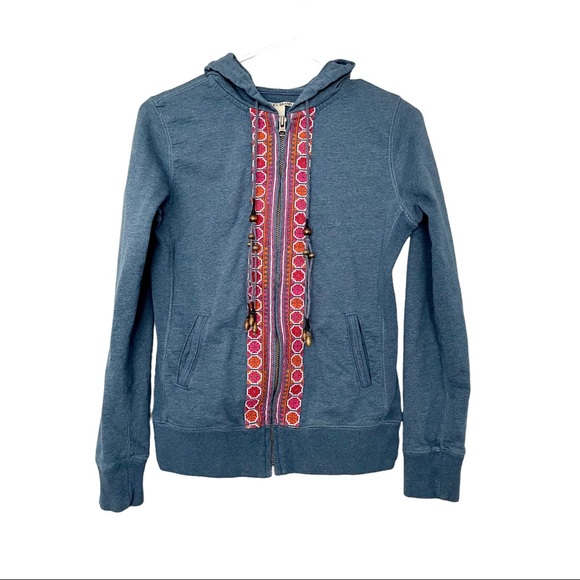 Lucky Brand Blue Embroidered Front Zip Hoodie Size Small